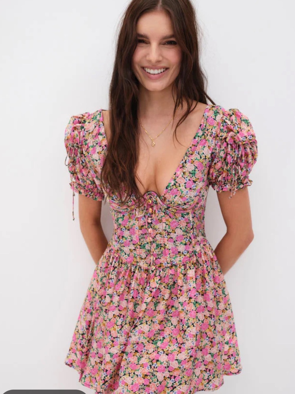 For Love & Lemons Pink Floral Puff-Sleeve Mini Dress